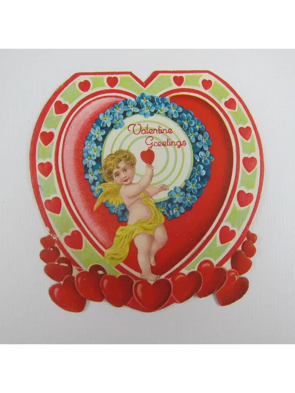 Vintage Valentine Card Diecut Blonde Cupid Target Red Heart Bullseye Blue Flower